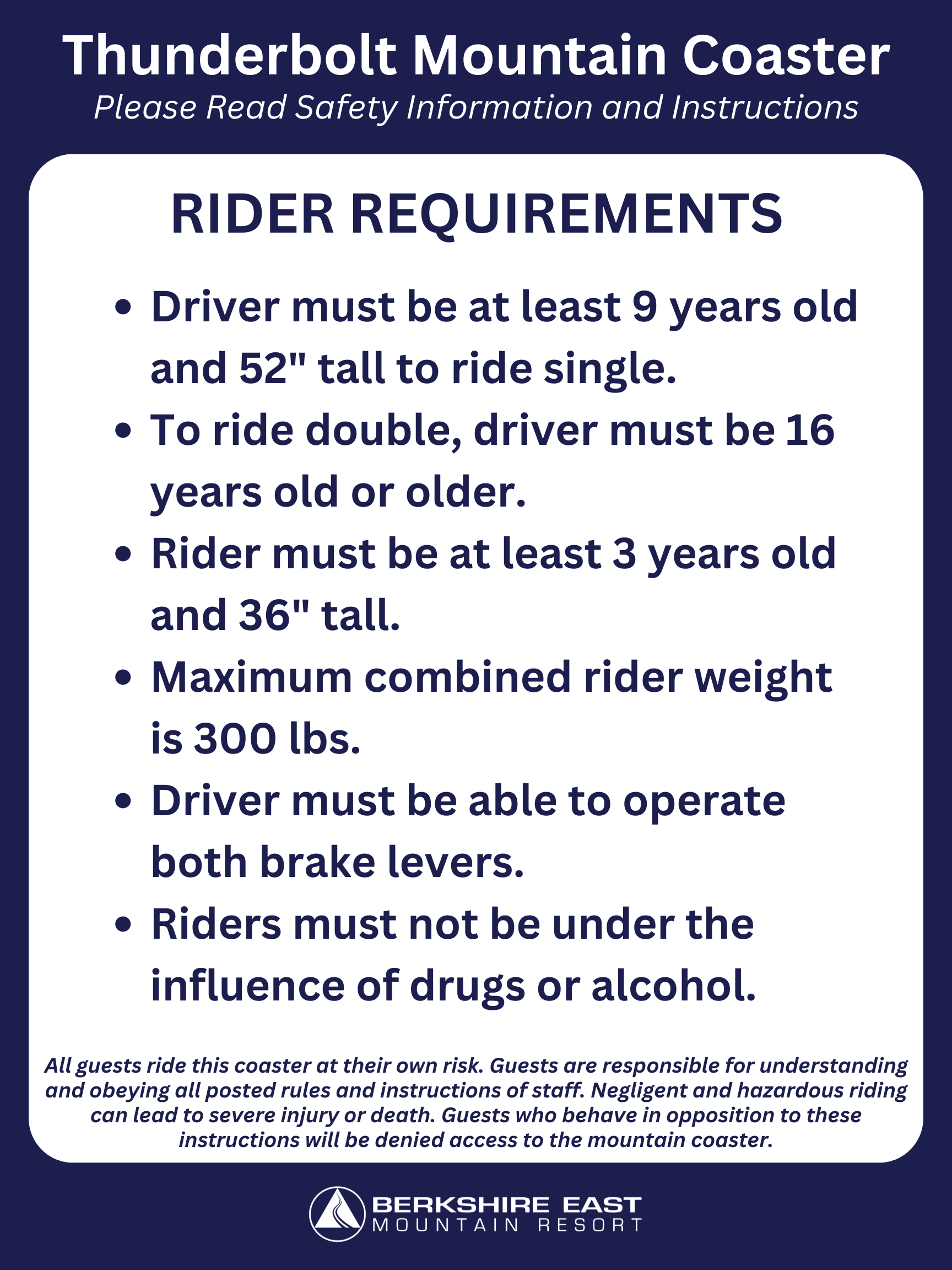 Berkshire East Mountain Coaster Rider Requirements